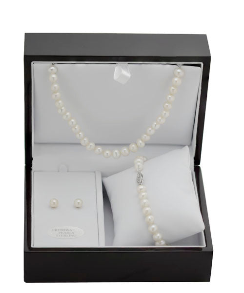 Timeless Elegance: Sterling Silver Pearl Necklace, Stud Earrings, and Bracelet Set