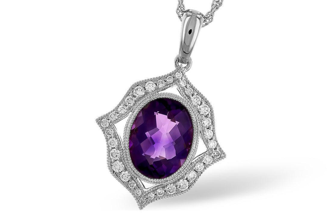 14 Karat White Gold Fluted Halo Oval Amethyst Necklace - 1.52 Carats