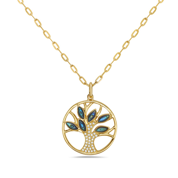 Family Tree Abalone Shell Marquise Necklace in 21 Karat Gold - 0.49 Carats