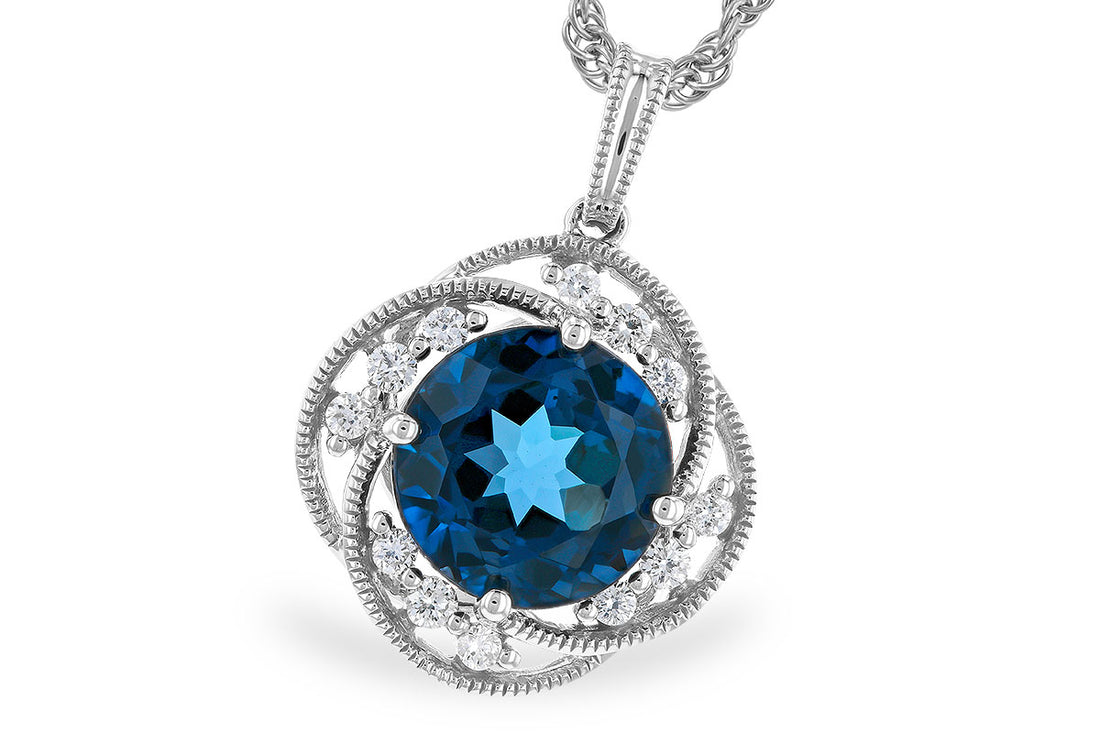 Milgrain Blue Topaz Necklace in 14 Karat White Gold, 2.90 Carats