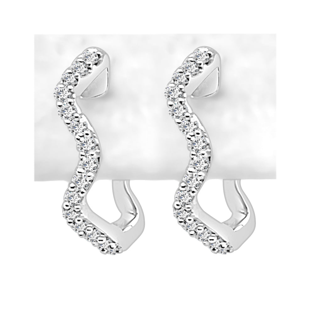 10K White Gold Diamond Wave Hoop Earrings - Natural Diamond, Round Shape, 0.13 Carat