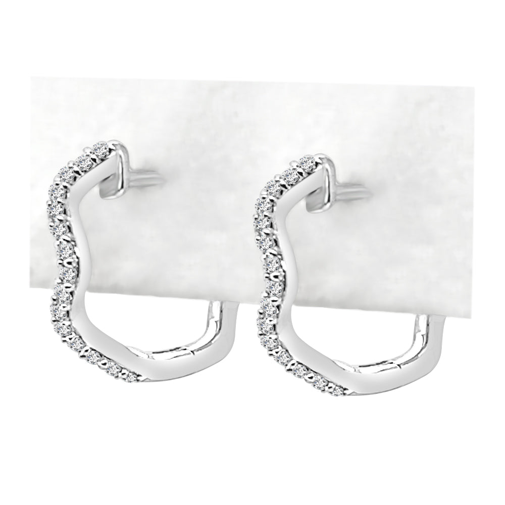 10K White Gold Diamond Wave Hoop Earrings - Natural Diamond, Round Shape 0.13ct