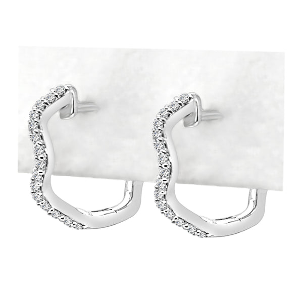 10K White Gold Diamond Wave Hoop Earrings with 0.13ct Natural Round Diamonds