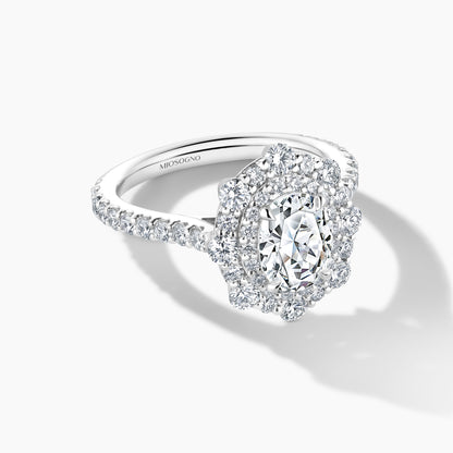 Exquisite Platinum Engagement Mounting with SMP Oval Double Halo and Diamond Band