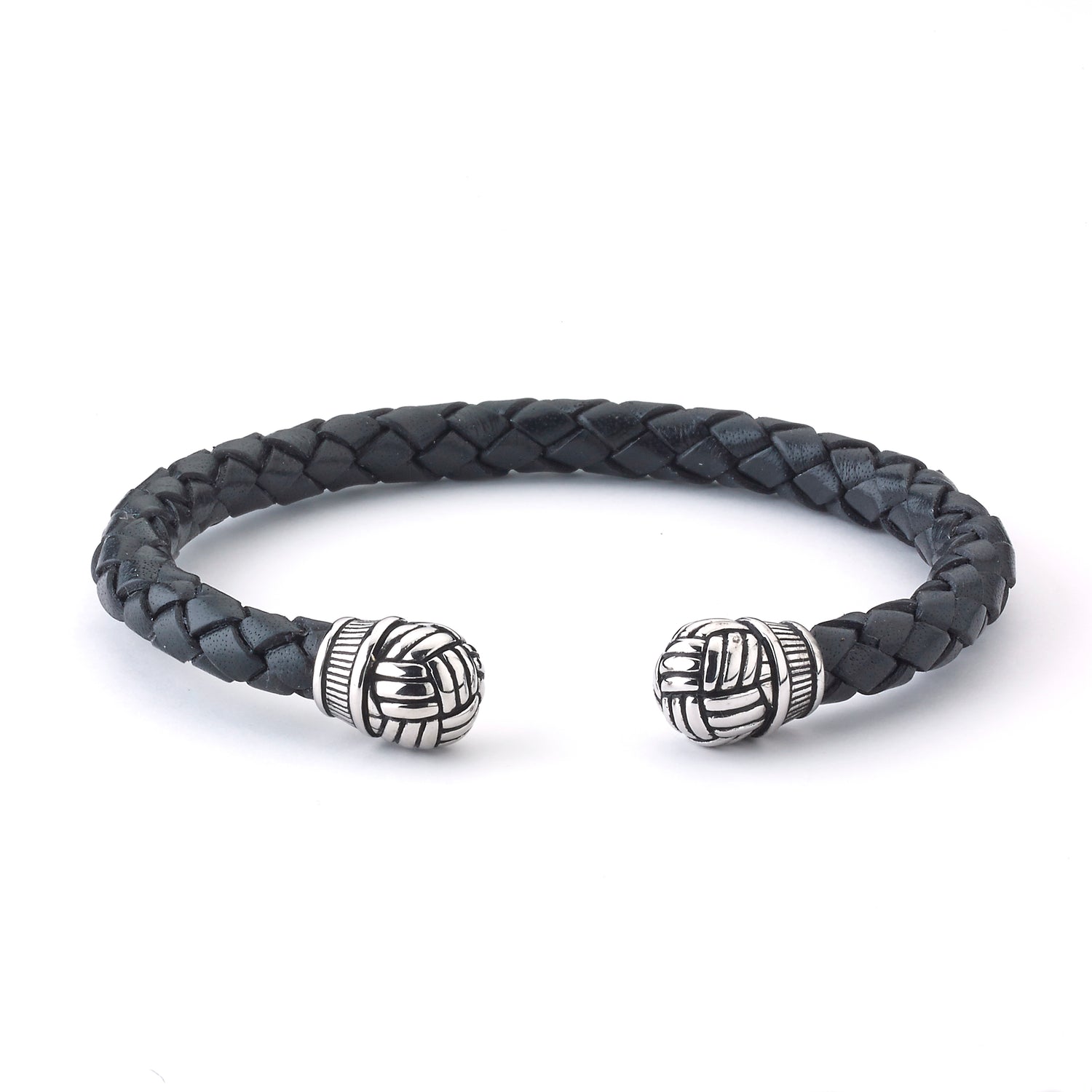 Stylish Sterling Silver Black Woven Leather Bracelet with End Caps