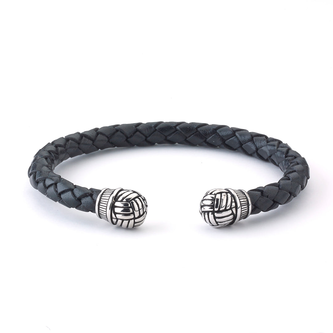 Stylish Sterling Silver Bracelet with Black Woven Leather and End Caps