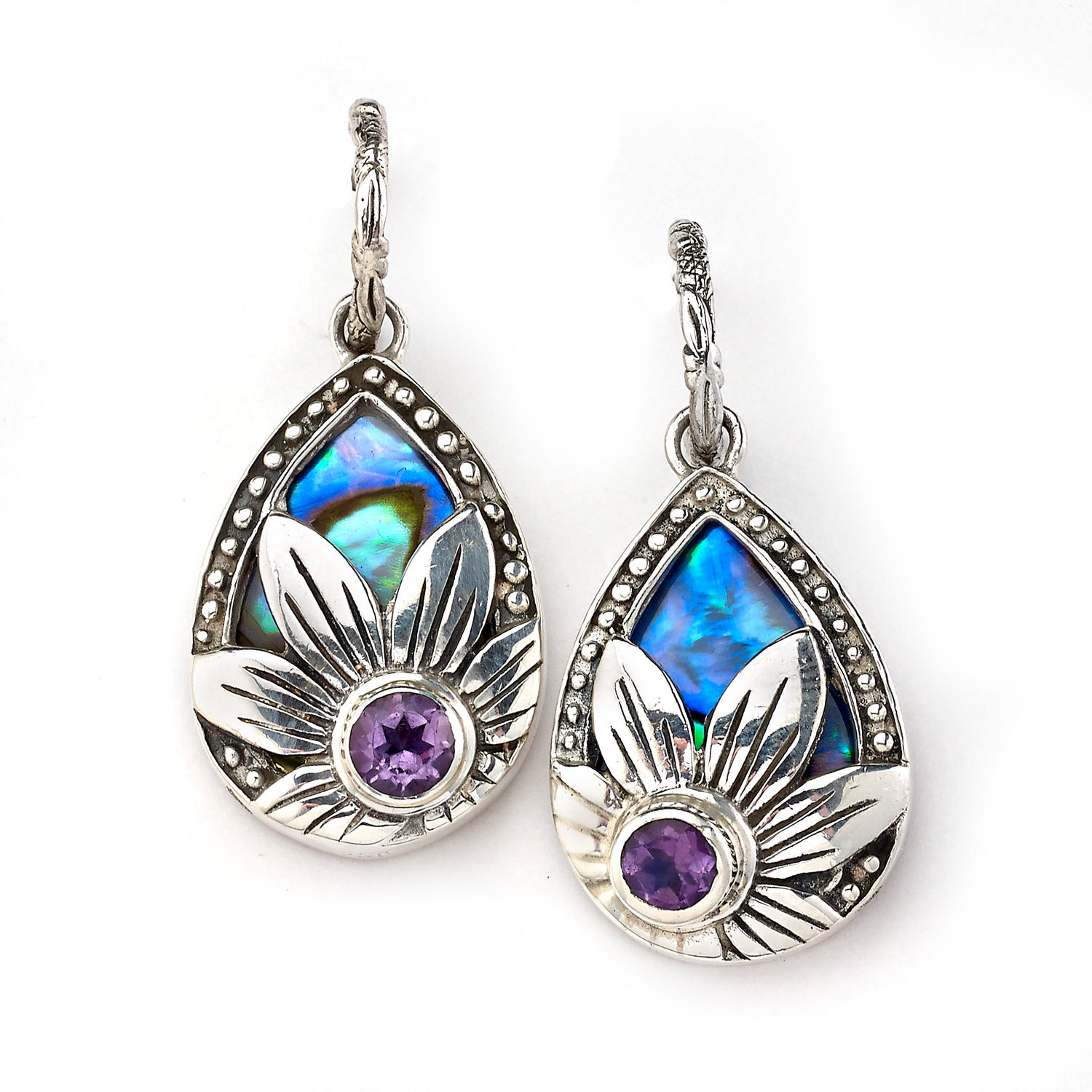Stunning Sterling Silver Earrings with Abalone and Flower Design, Adorned with Amethyst