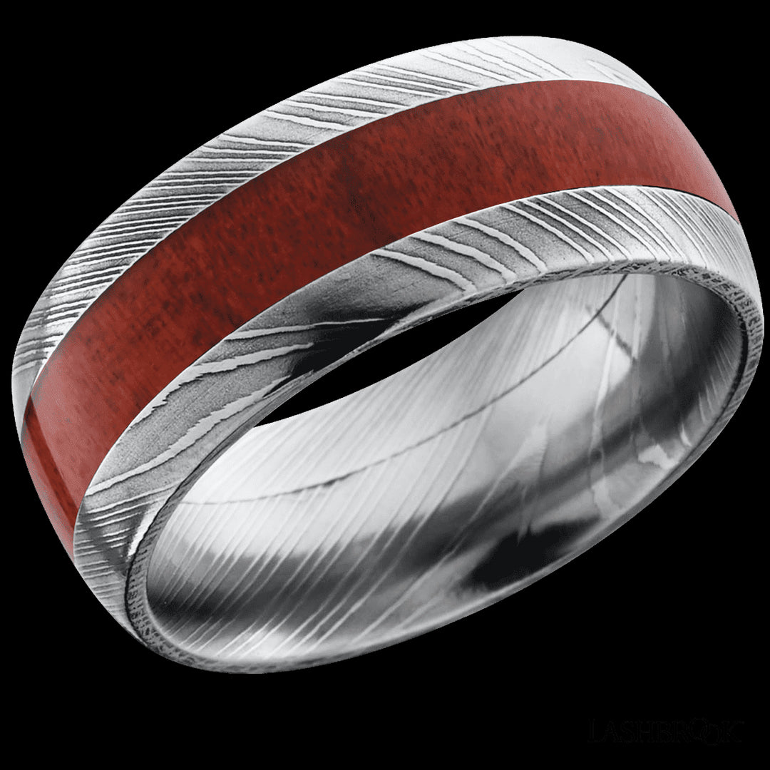 Damascus Steel Wedding Band with Domed Redheart Inlay - Size 9.5