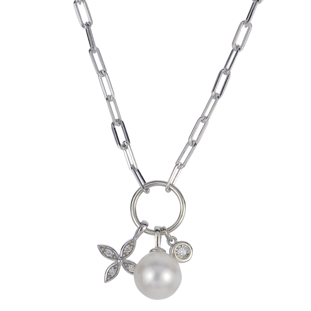 Sterling Silver Necklace with AA 4 Petal Flower and Pearl Embellishment