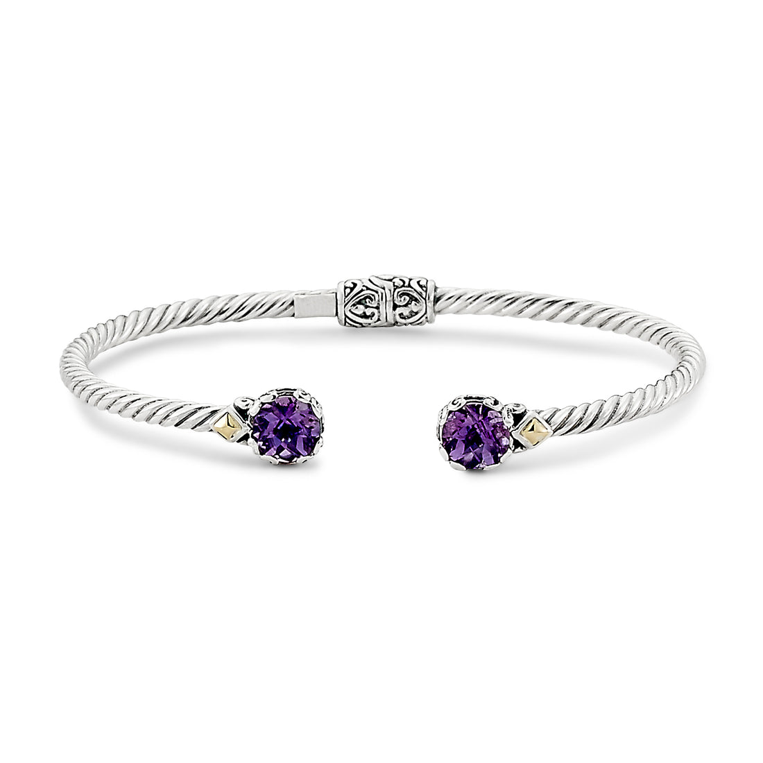 18K &amp; Sterling Silver Twisted Cable Hinged Bangle with Amethyst Accent