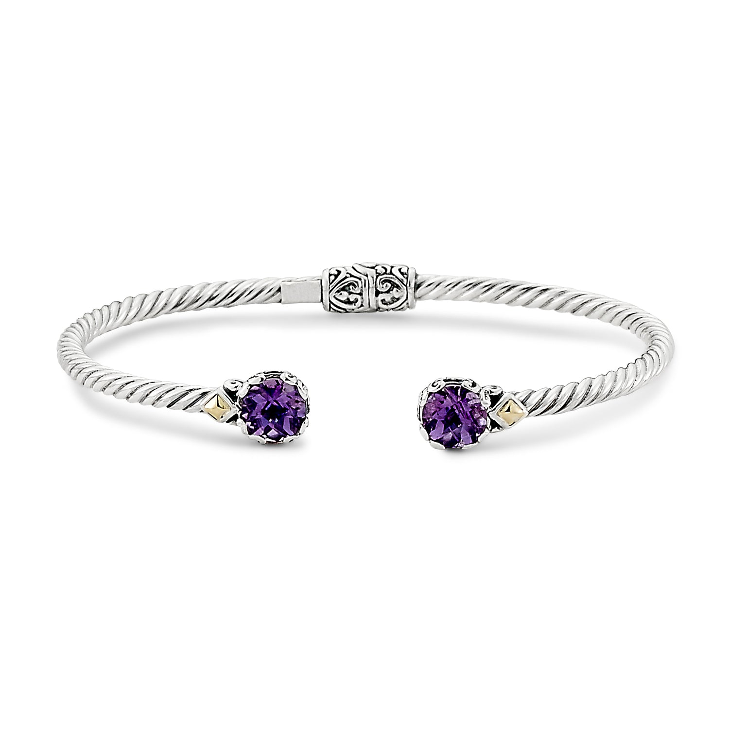 Twisted Cable Hinged Bangle in 18K &amp; Sterling Silver with Amethyst Accent