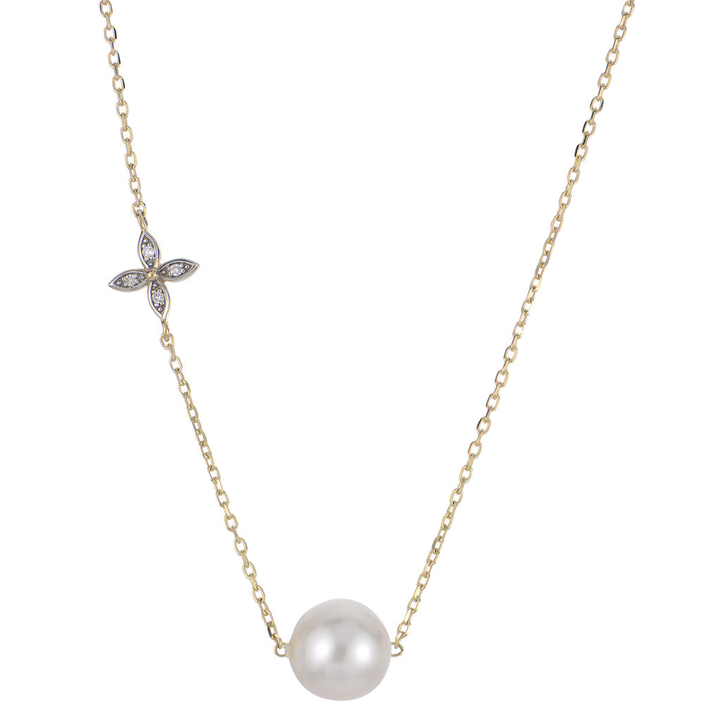 14 Karat Yellow Gold Necklace with Aa 4 Petal Flower and Pearl Accents
