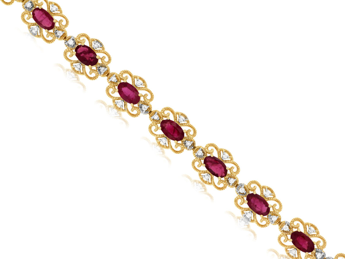 14K Yellow Gold Filigree Line Oval Bracelet with Ruby and Diamond Accents