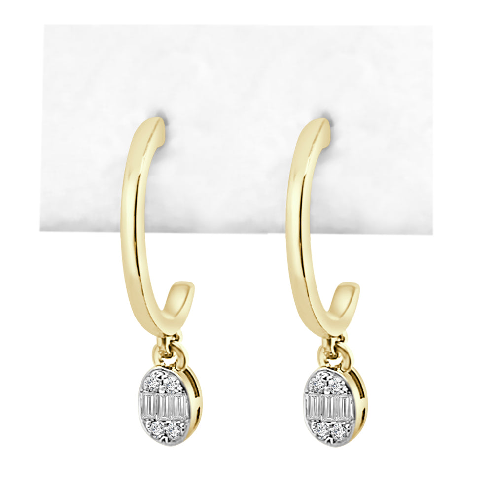 10K Yellow Gold Diamond Drop Hoop Earrings - Natural Diamond 0.10 Carat