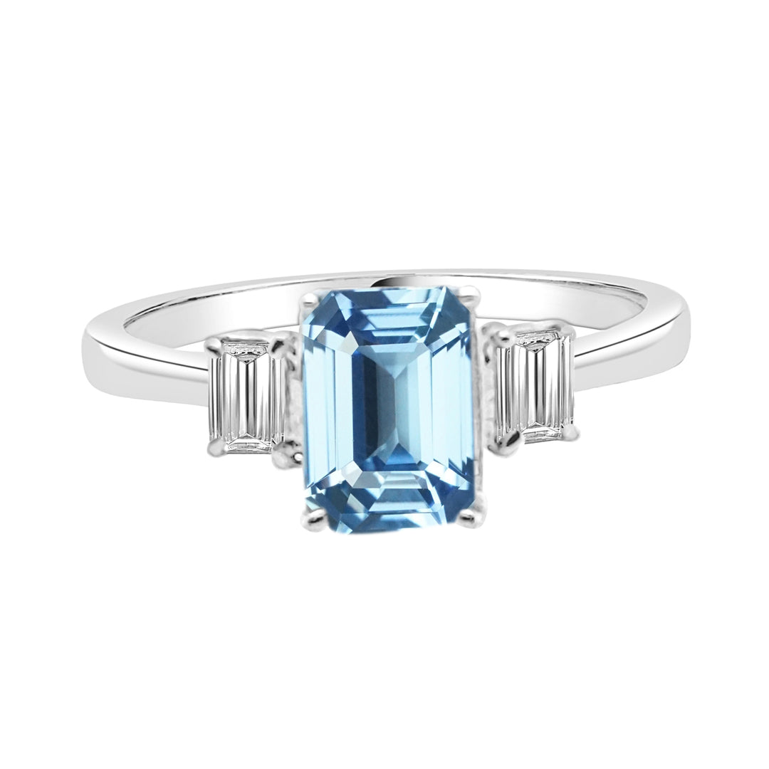 0.87 Carat Aquamarine 3 Stone Emerald Cut Ring in 14 Karat White Gold