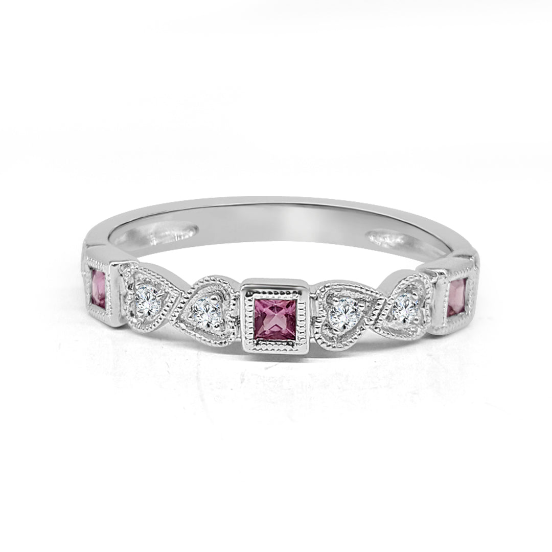 Milgrain Heart Tourmaline and Natural Diamond Stackable Ring in 10 Karat White Gold