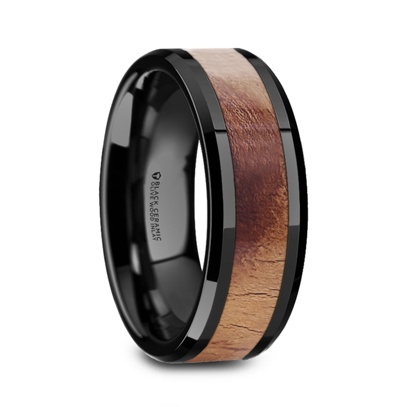 Elegant Lugano Olive Wood Wedding Band with Black Ceramic Accents