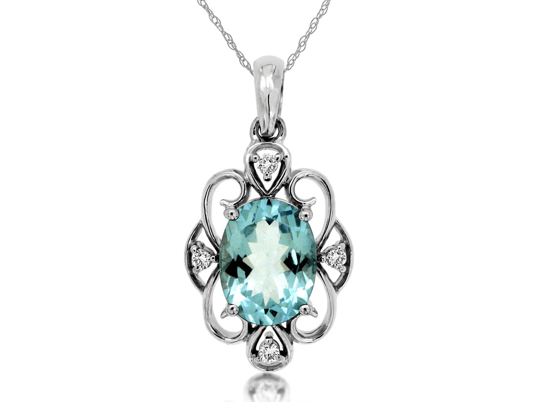 14 Karat White Gold Oval Aquamarine Necklace with Filigree Design and Diamond Accents