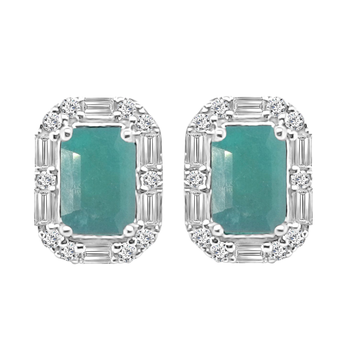 Stunning 14 Karat White Gold Emerald Earrings with Alt Rd &amp; Baguette Emerald Halo - 1.10 Carat