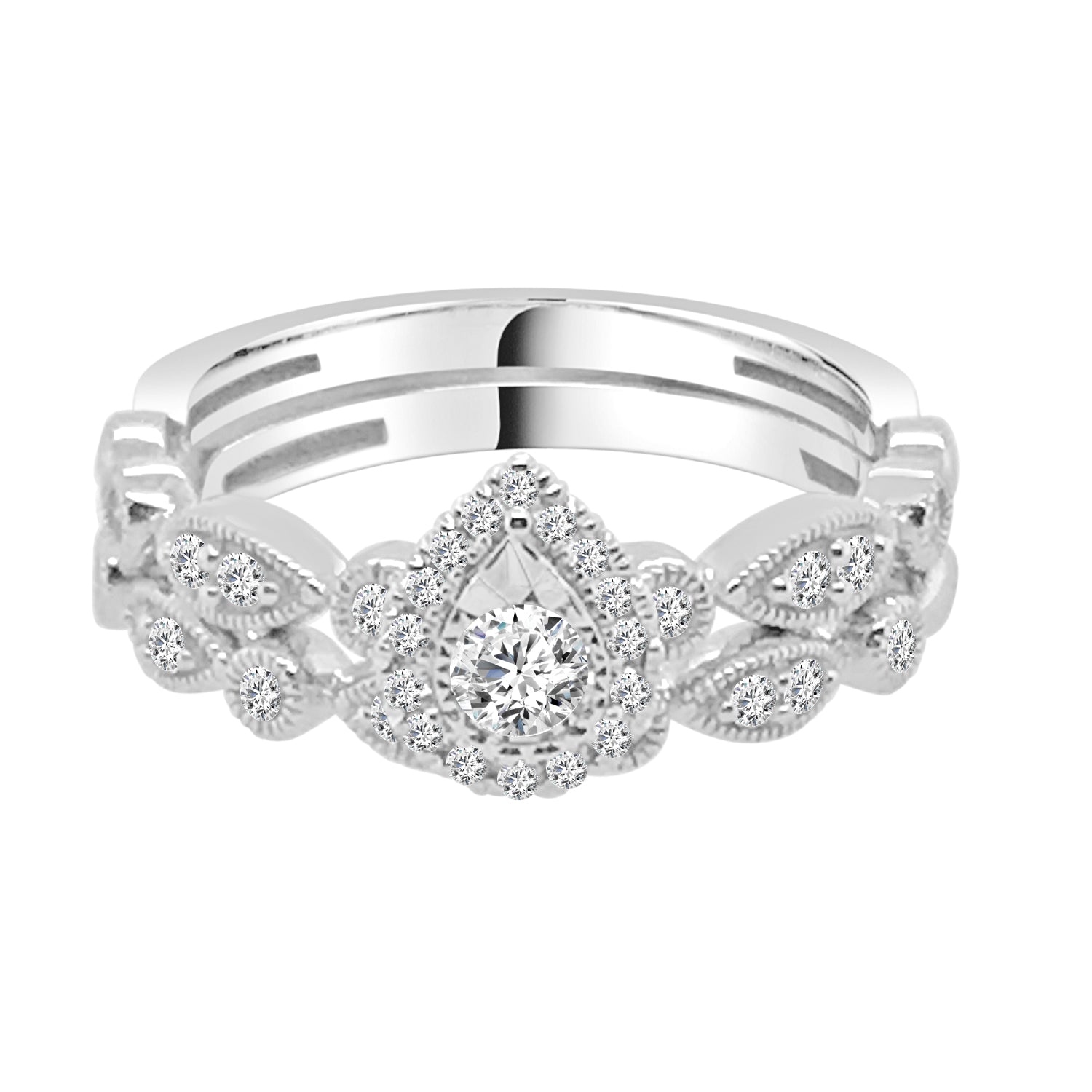Stunning 10 Karat White Gold Pear Halo Milgrain Scallop Wedding Set with 0.40 Carat Natural Diamond