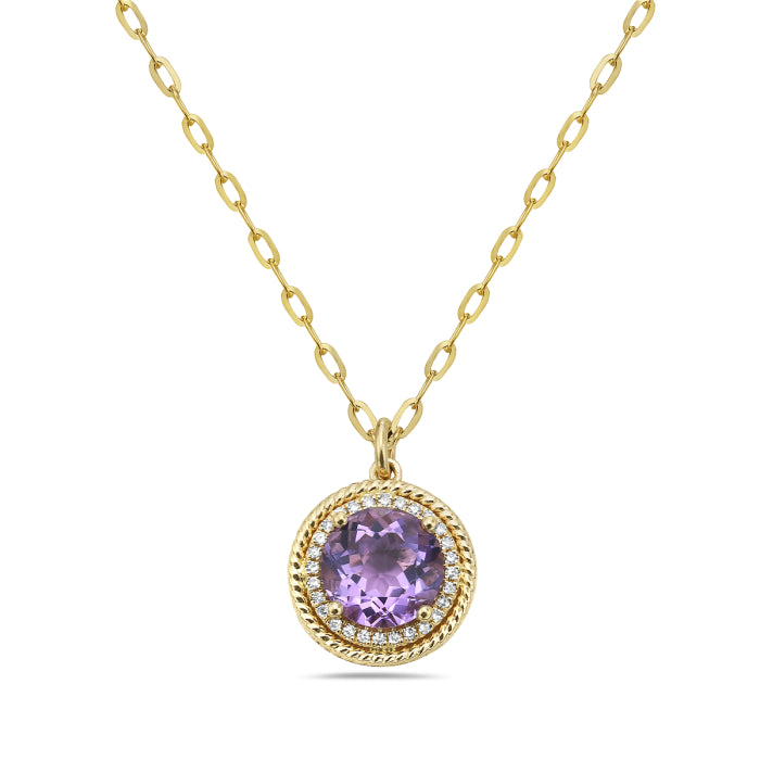 14K Yellow Gold Round Amethyst Pendant Necklace with Rope Detailing