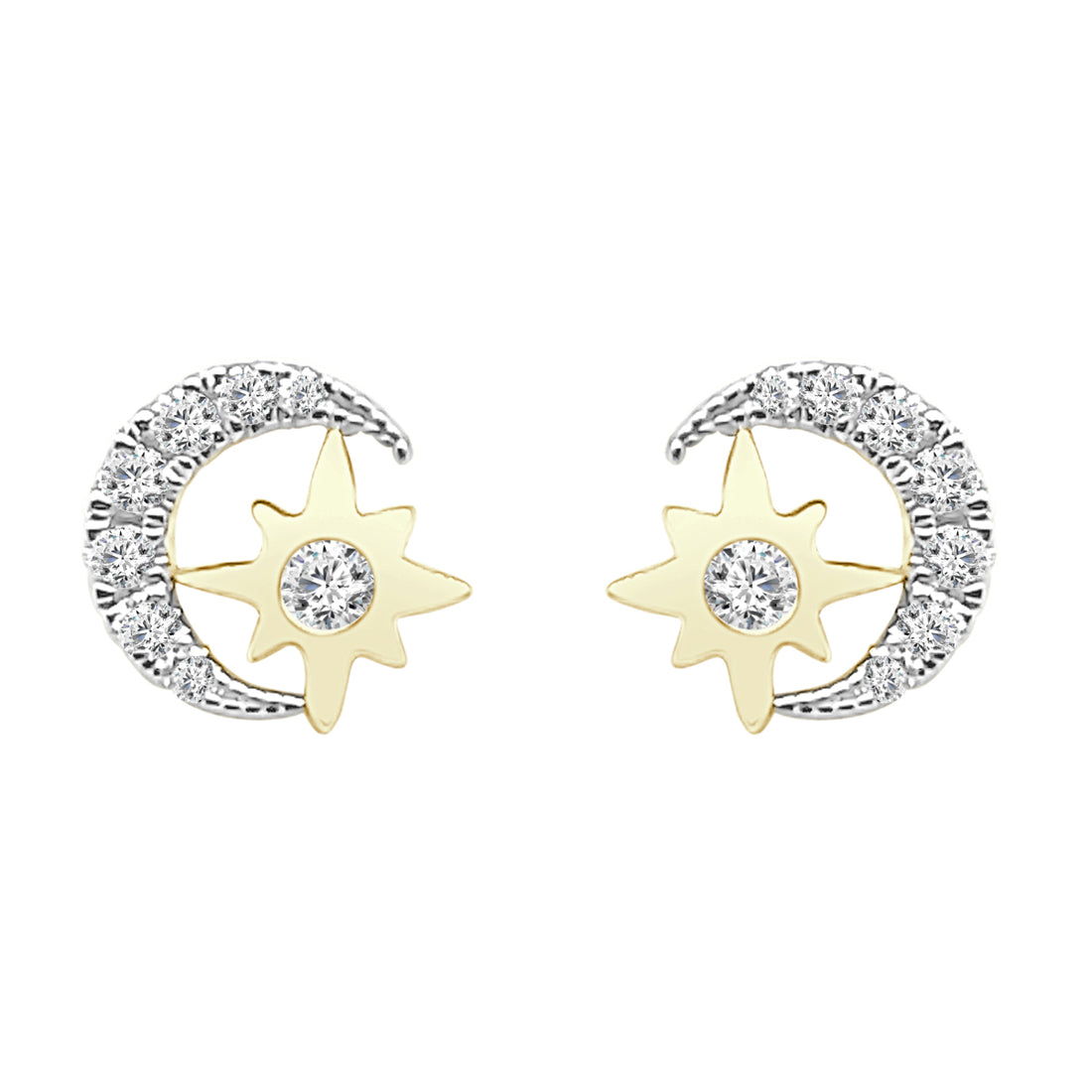 14K Yellow Gold Moon and Star Stud Earrings with Natural Diamond Accent (0.18 ct)