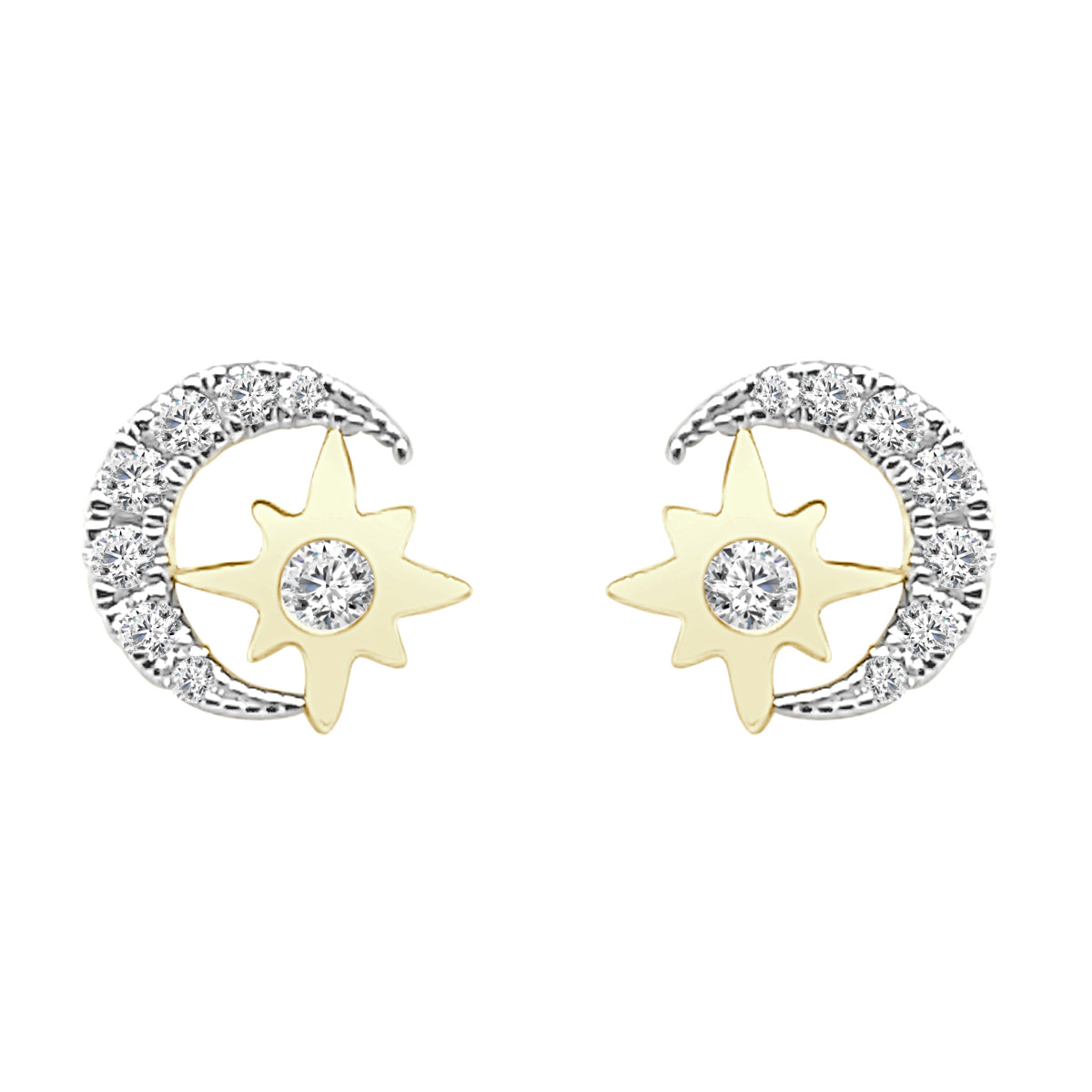 Moon Star Stud Earrings in 14 Karat Yellow Gold with 0.18 Carat Natural Diamond