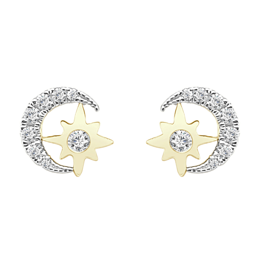 14 Karat Yellow Gold Moon Star Stud Earrings with Natural Diamond (0.18 ct)