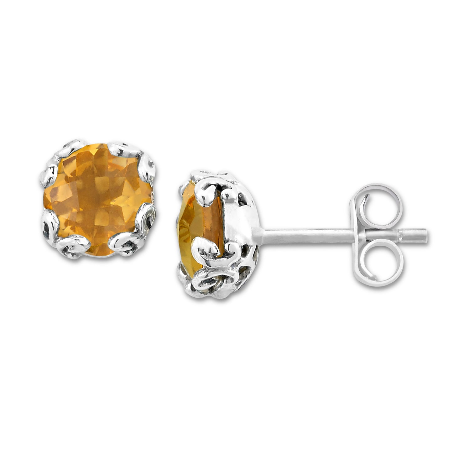 Sterling Silver November Round Stud Earrings with Citrine Accents