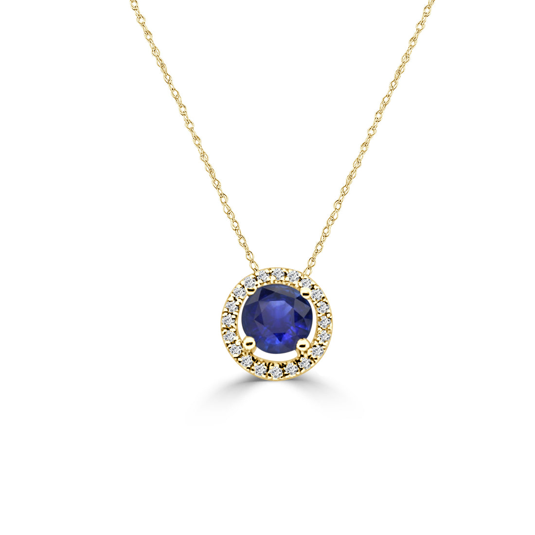 14K Yellow Gold Round Sapphire and Diamond Pendant Necklace - 0.55ct Blue Sapphire