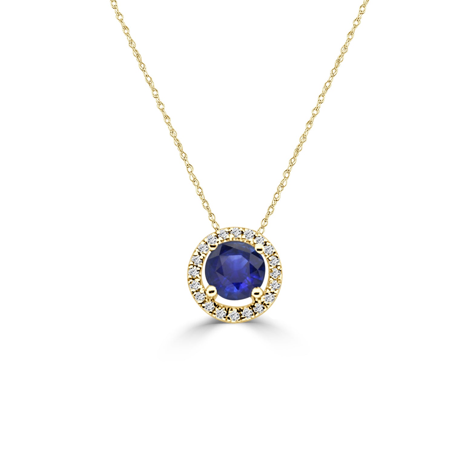 Round Blue Sapphire and Diamond Pendant Necklace in 14 Karat Yellow Gold - 0.55 Carat