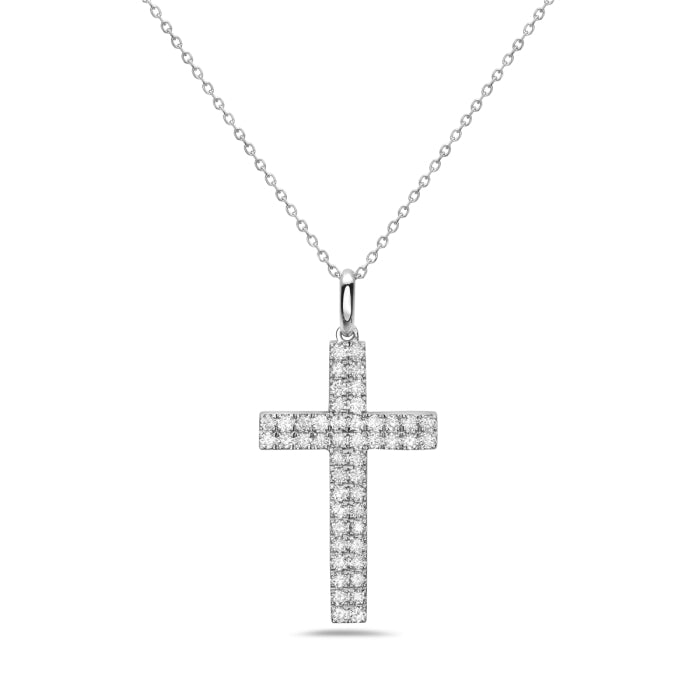 14K White Gold Two Row Diamond Cross Pendant Necklace with 0.70 Carat Natural Round Shape Diamonds