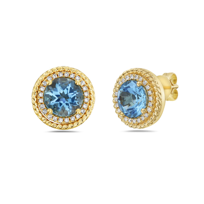 14K Yellow Gold Round Swiss Blue Topaz Stud Earrings with Rope Details