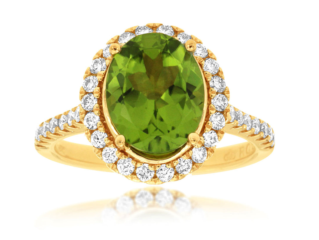 Ladies 14K Yellow Gold Halo Diamond Shank Ring with Oval Peridot Gemstone and Natural Diamonds
