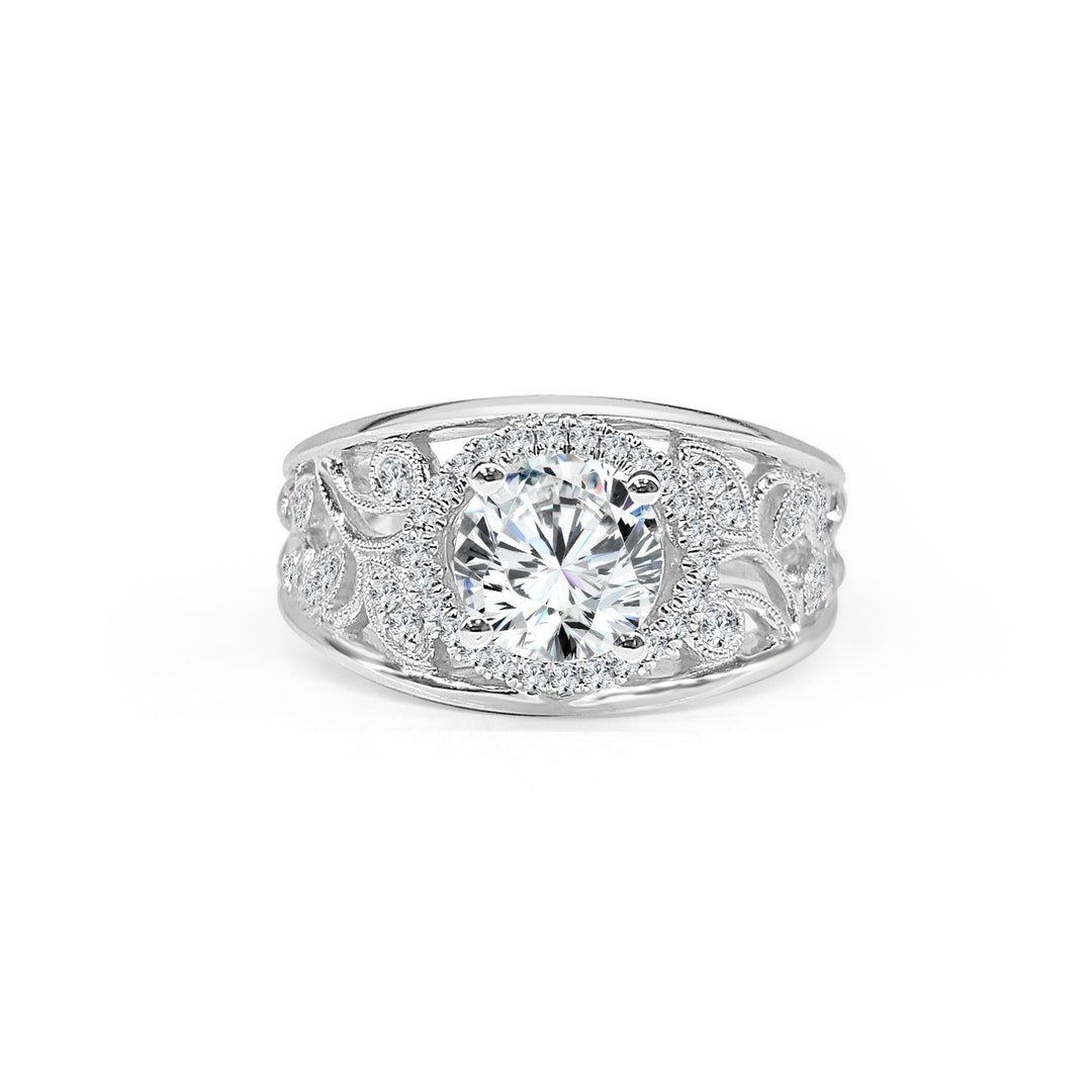 Elegant Floral Filigree Engagement Mounting in 18 Karat White Gold with Sparkling Cubic Zirconia