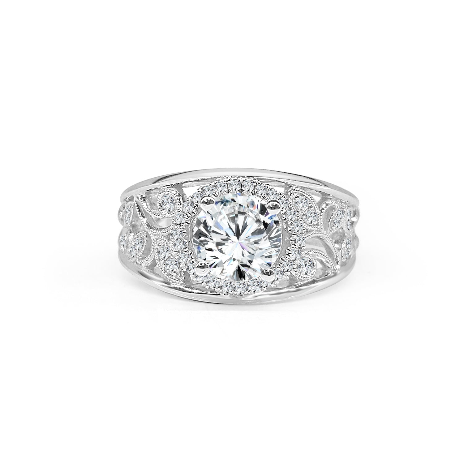 Exquisite Floral Filigree Engagement Mounting in 18 Karat White Gold