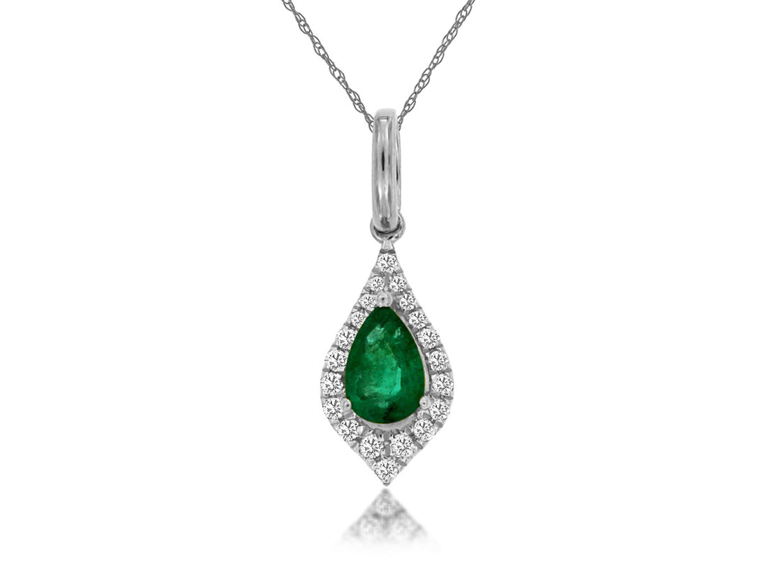 14K White Gold Halo Necklace with Pear Shaped Emerald, Round Natural Diamonds, and Cable Chain