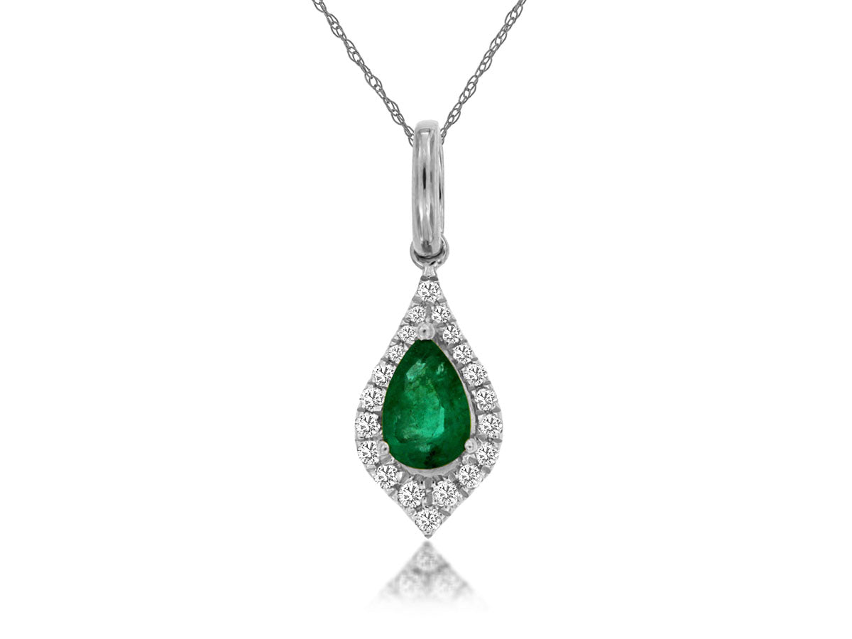 14K White Gold Halo Necklace with Pear Shaped Emerald, Round Natural Diamonds, and Cable Chain