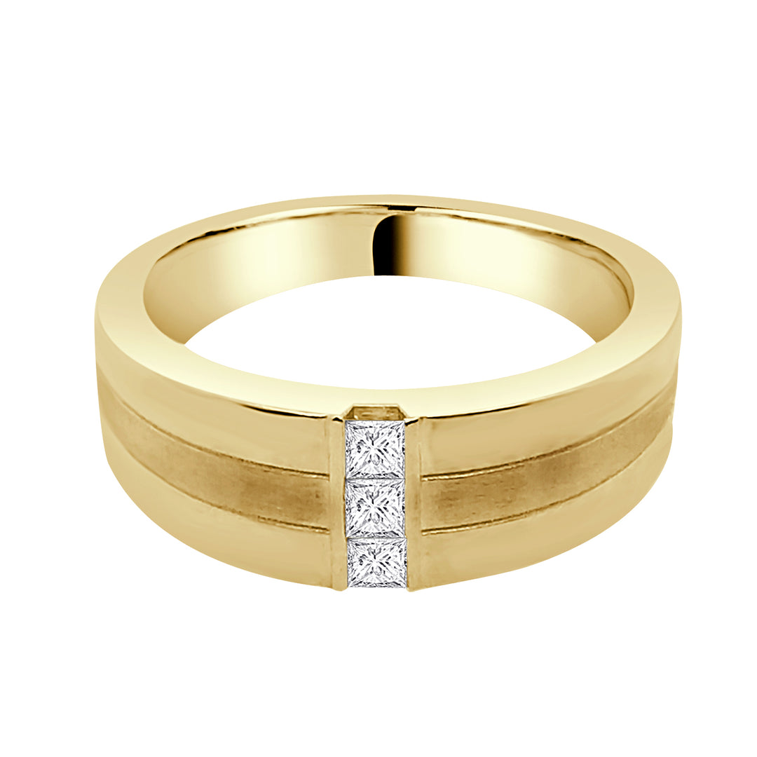 Polished & Satin 3 Stone 14K Yellow Gold Wedding Band with Princess Cut Natural Diamond