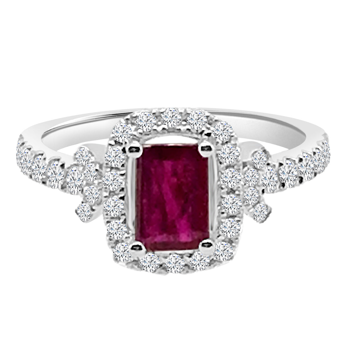 Emerald Halo Ruby Ring in 14K White Gold - 0.92 Carat