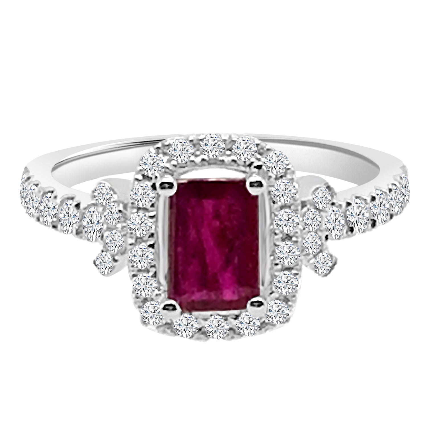 Emerald Halo Ruby Ring in 14 Karat White Gold - 0.92 Carat