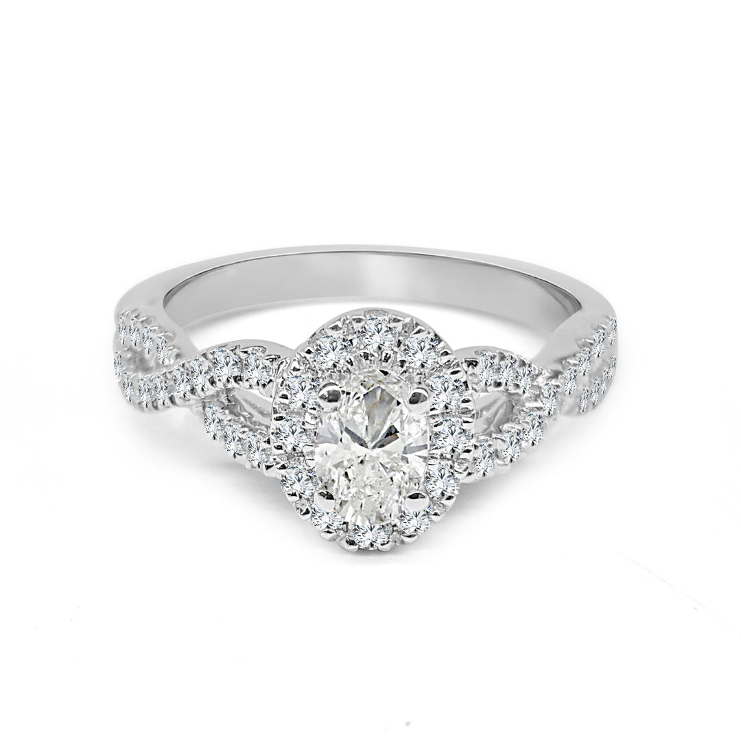 Twist Shank Oval Engagement Ring in 14 Karat White Gold with Natural Diamond