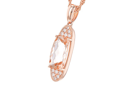 Elegant 14 Karat Rose Gold Necklace with Rope Detailed Oval Pendant featuring 1.55 Carat Morganite in Cushion Shape Design