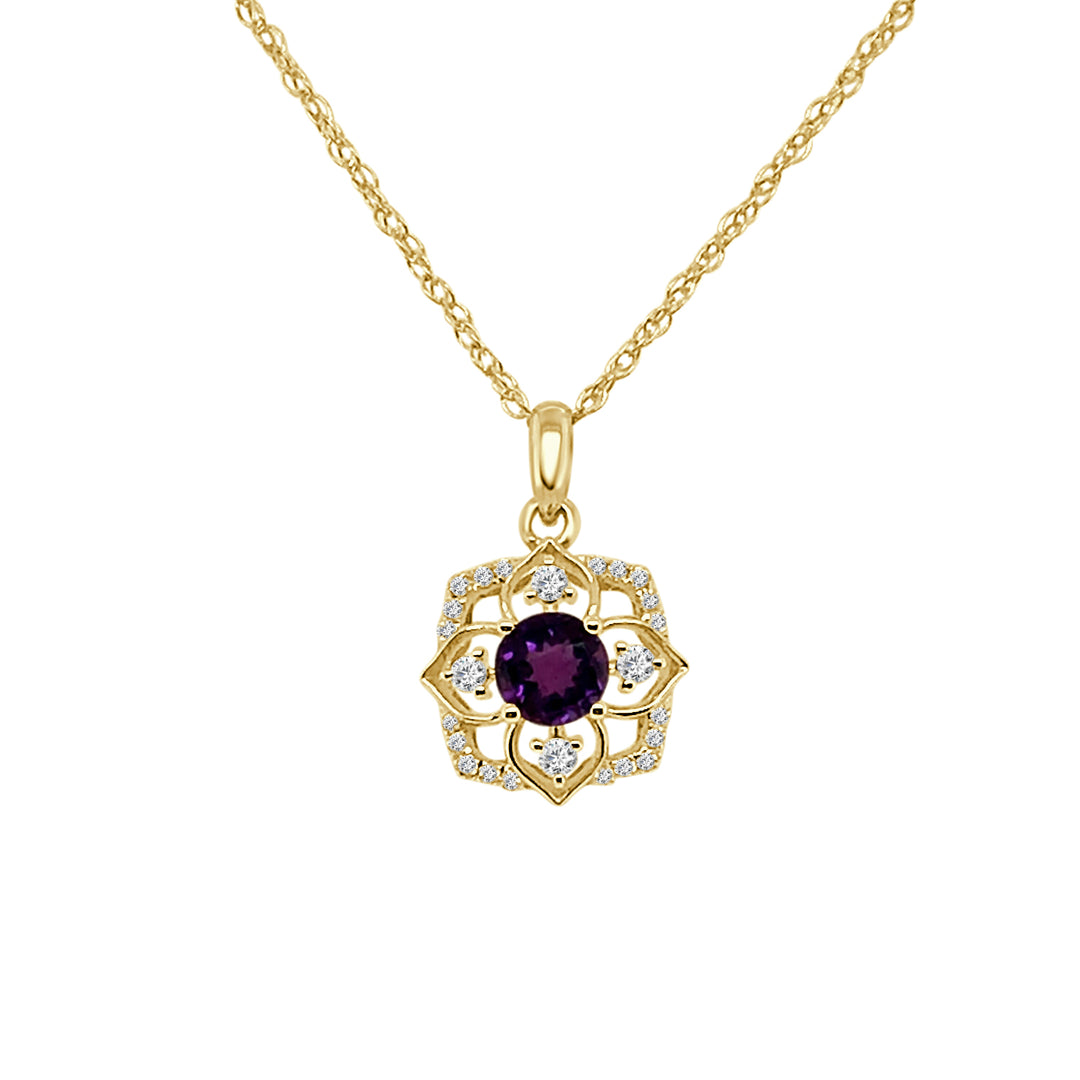 Amethyst Floral Round Shape Necklace in 14 Karat Yellow Gold