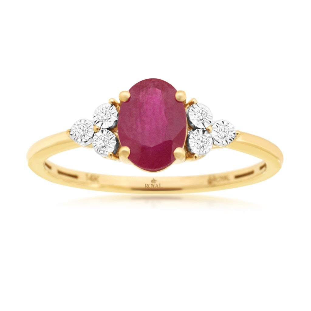 14 Karat Yellow Gold Ladies Oval Ruby Ring with Round Natural Diamond Accents