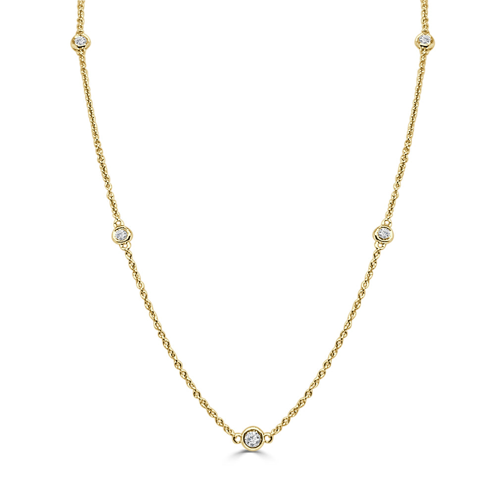 14K Yellow Gold Diamond Station Necklace with 0.45 ct Round Natural Diamond