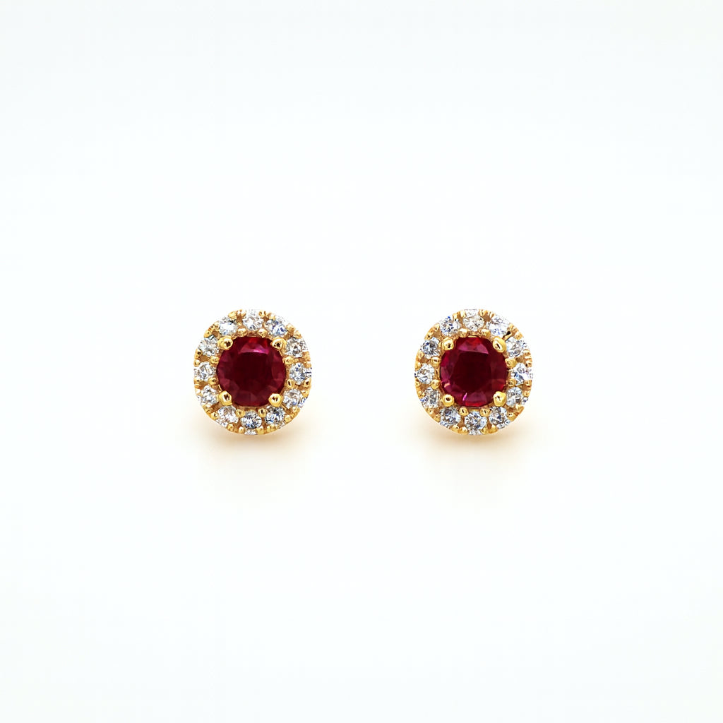 14 Karat Yellow Gold Halo Stud Ruby Earrings - Round Shape 0.65 Carat