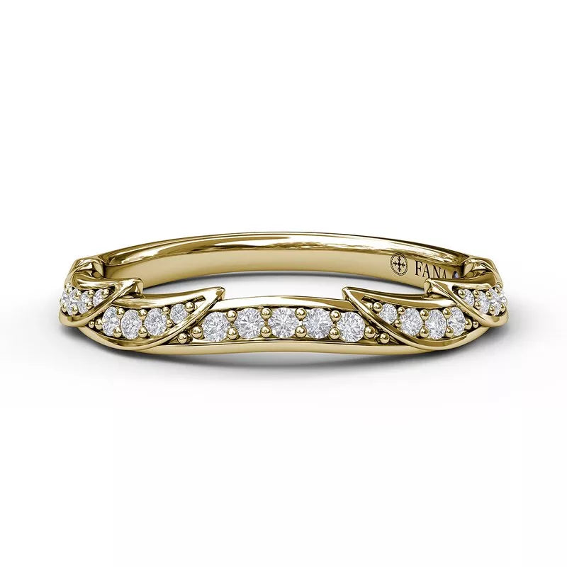 14 Karat Yellow Gold Wedding Band with Leaf Motif and Natural Diamond Accent