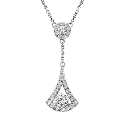 14K White Gold Necklace with Rd Halo and Fan Drop Station featuring Natural Diamond (0.84ct)