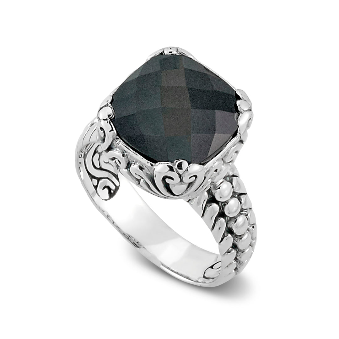 Textured Sterling Silver Ring with Onyx Stone in Geometric Shape